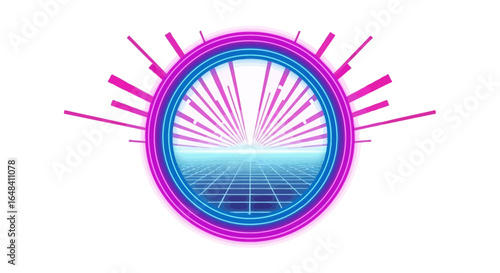 Retrofuturistic circular portal to vibrant virtual horizonscape background