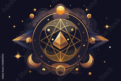 Mystical cosmic emblem with golden celestial bodies, sacred geometry, and starry night elements evoking wonder and spiritual exploration