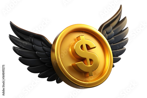 Gold coin with dollar sign and black wings symbol money