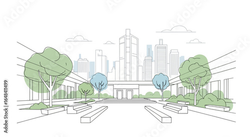Line Drawing of a Modern Cityscape with Park and Minimalist Style