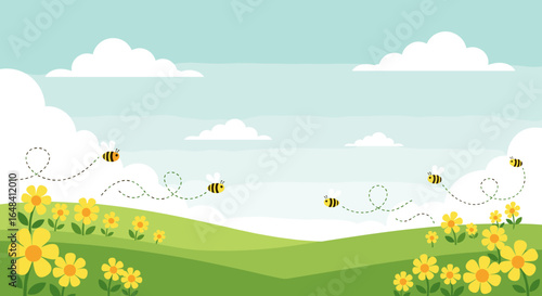 Charming spring landscape with gentle bees flying over rolling hills and bright yellow flowers under a blue sky with fluffy clouds
