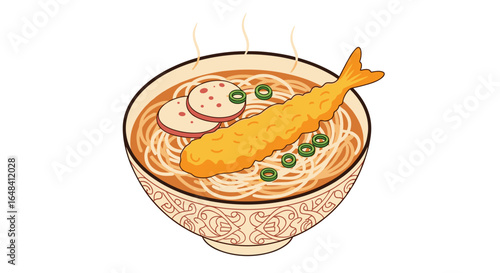 Delicious japanese soba noodle soup with crispy shrimp tempura and sliced fish cake served in a traditional ceramic bowl a savory meal