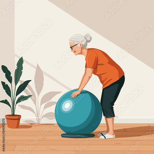 Elderly woman exercising with fitness ball in bright indoor setting  