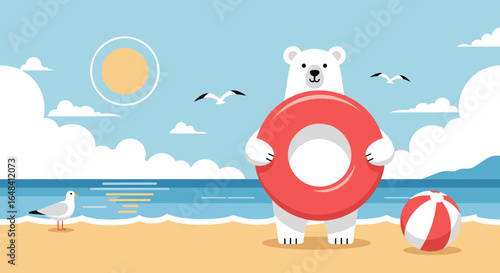 Arctic bear enjoys a sunny summer day at the beach with a life preserver and beach ball