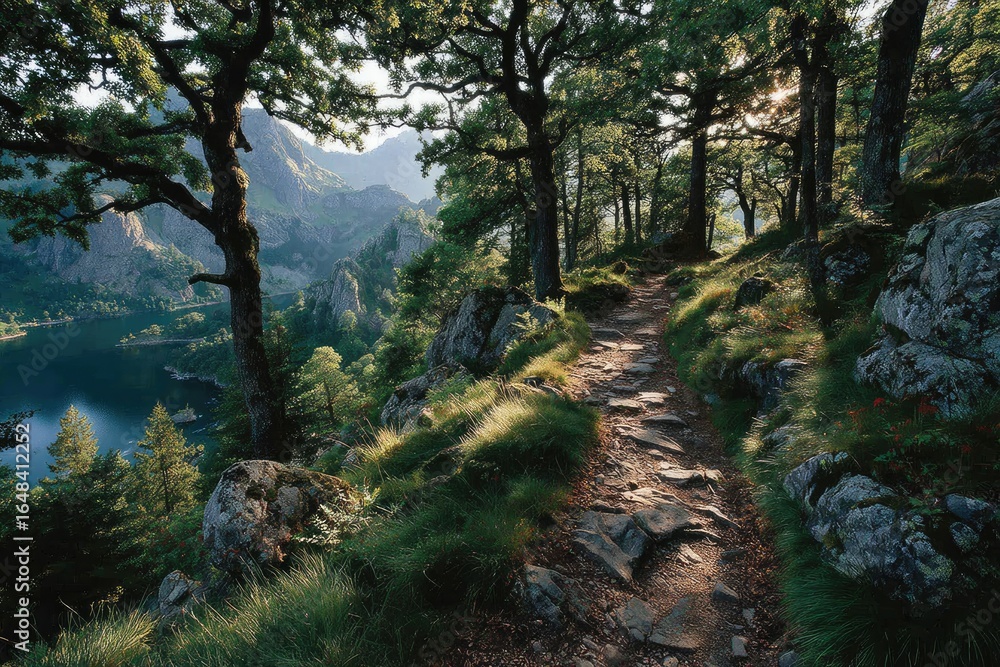 Fototapeta premium Serene forest path winding towards a tranquil lake and majestic mountains