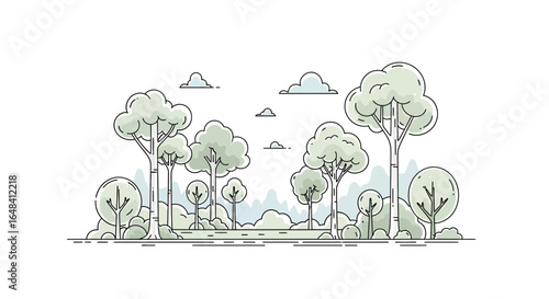 Minimalist forest illustration with trees and clouds in pastel tones