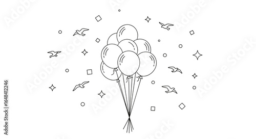 A whimsical bunch of balloons floating upwards with birds and stars capturing a sense of joyful celebration