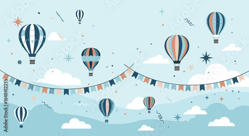 Whimsical hot air balloon festival with bunting and stars in a blue sky