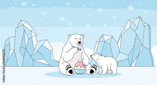 Adorable polar bear family enjoying a sweet icy treat together in a snowy arctic landscape surrounded by majestic ice formations and gentle falling snowflakes during a whimsical winter day