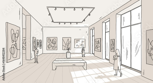 Minimalist Illustration of Visitors in an Art Gallery Contemplating Artwork