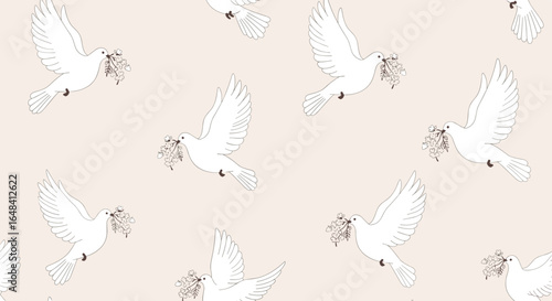 A pattern of white doves carrying olive branches flying gracefully across a softly colored background symbolizing peace and hope