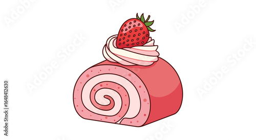 Delicious swirl strawberry cake roll delight with fresh whipped cream and juicy red strawberry topping