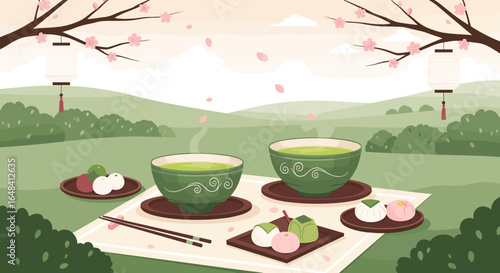 Enjoying a tranquil matcha tea ceremony amidst the blooming cherry blossoms on a picturesque hillside
