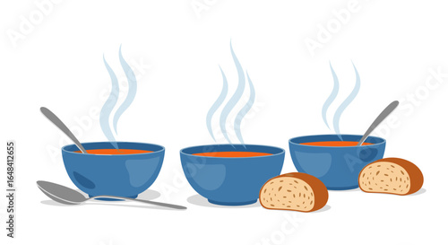 Three steaming bowls of savory soup served with crusty bread slices and spoons on a white background for a comforting meal experience