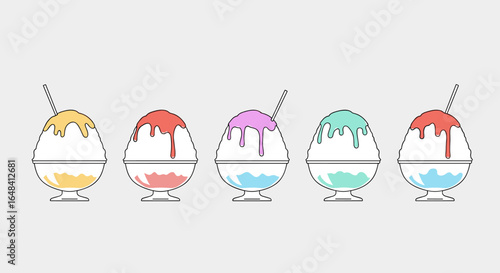 Vibrant refreshing shaved ice desserts with colorful syrups and toppings for a summertime treat