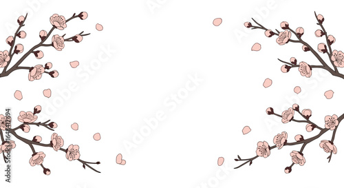 Delicate blossoms and falling petals adorning branches in a gentle spring breeze illustration