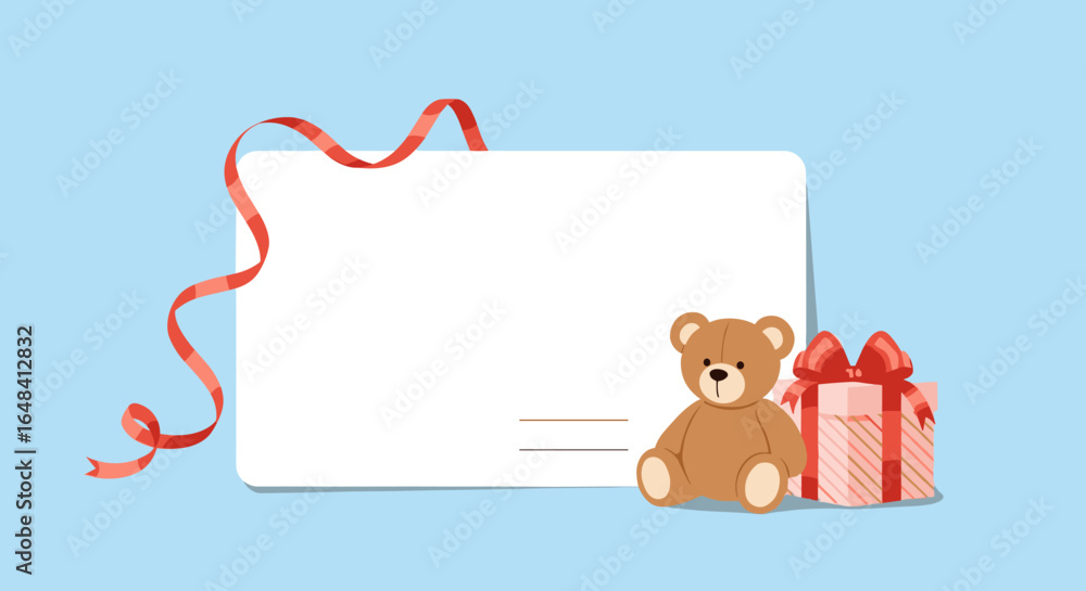 Fototapeta premium Blank card with ribbon teddy bear and gift box on a blue background for special occasions and celebrations