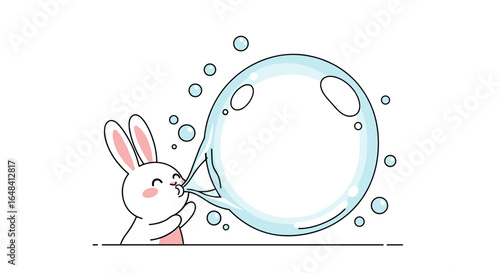 Cute cartoon rabbit blowing a giant bubble with joyful expression and pink cheeks