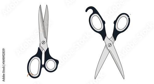 Illustrations of two different types of scissors on a white background with scissors on the left open and scissors on the right crossed