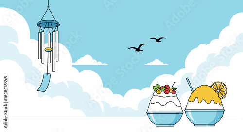 Refreshing summer delights with wind chimes and fluffy clouds high in the blue sky