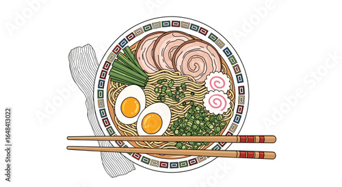 A delicious bowl of savory japanese ramen noodles with toppings and chopsticks