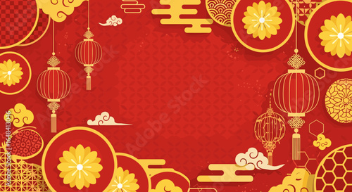 Vibrant red background adorned with traditional chinese lanterns and golden floral embellishments evoking celebration and prosperity