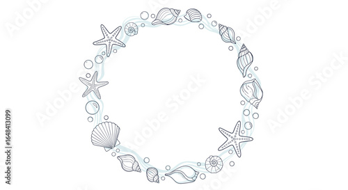 A delicate circular wreath composed of various seashells and starfish embellished with bubbles and water swirls