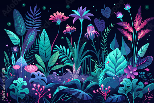 Enchanting nocturnal jungle bursts with vibrant neon flora and glowing foliage, creating a mystical, dreamlike botanical wonderland perfect for fantasy and nature projects.