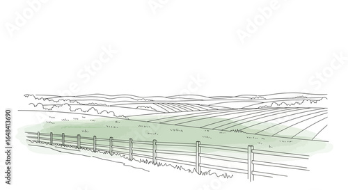 Serene hand-drawn landscape with rolling hills and rustic wooden fence line