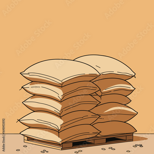 Stacked bags on wooden pallet with beige background  
