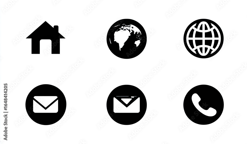 Fototapeta premium Set of simple, black contact icons. Home, globe, email, phone, and world icons in circles