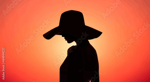 Silhouette of woman wearing elegant sun hat against vibrant orange sky