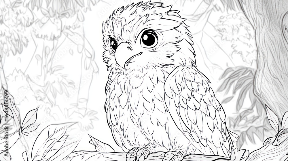 Fototapeta premium An owl chick perched on a branch in the forest looking to its left, outline drawing