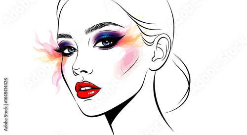Striking beauty illustration, vibrant makeup accentuates delicate features