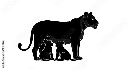 lioness nursing cubs elegant black silhouette for wildlife nature family and motherhood designs