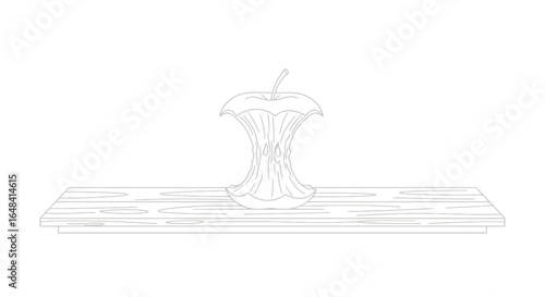 eaten apple core on wooden surface illustrating waste minimalist line art for health diet and sustainability projects