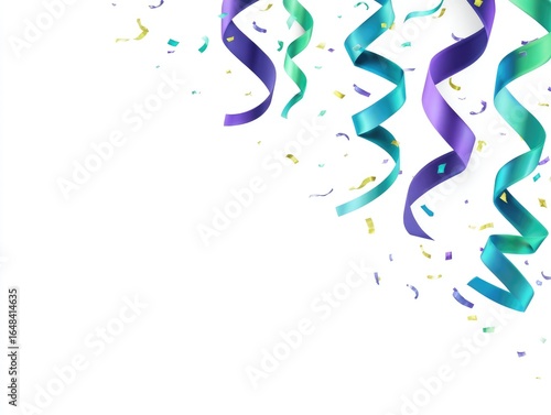 Party streamers and confetti on white