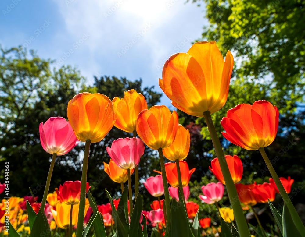 Obraz premium Low-angle view of vibrant tulips basking in sunlight against a backdrop of lush green trees and a bright blue sky