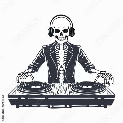 A detailed illustration of a skeleton wearing headphones and playing music on a turntable.