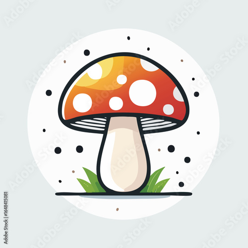A vibrant illustration of a mushroom with a red and orange cap, white spots, and a white stem, set against a white circle.