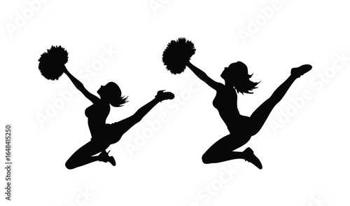 Two energetic cheerleaders in silhouette performing a synchronized jump with pom poms