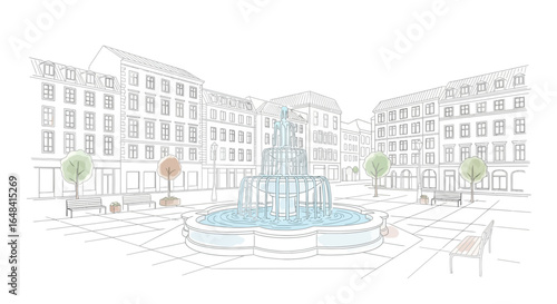 Stylized illustration of a charming european city square with fountain