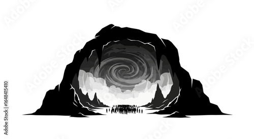 mysterious cave entrance a crowd faces a swirling vortex symbolizing uncertainty risk or the unknown ideal for fantasy adventure or scifi designs