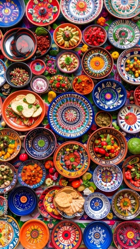 Collection of vibrant Mexican dishes with ornate folk art patterns displayed beautifully