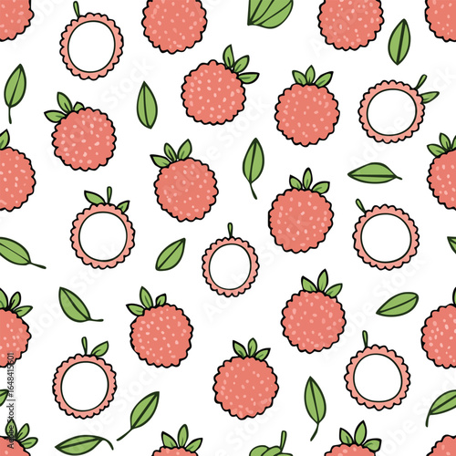 Seamless pattern featuring a repeating design of lychee fruits and green leaves on a white background.