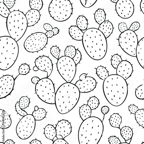 Black and white seamless pattern of various prickly pear cacti on a white background.