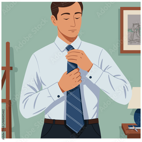 Young man adjusting tie while getting ready in modern bedroom  