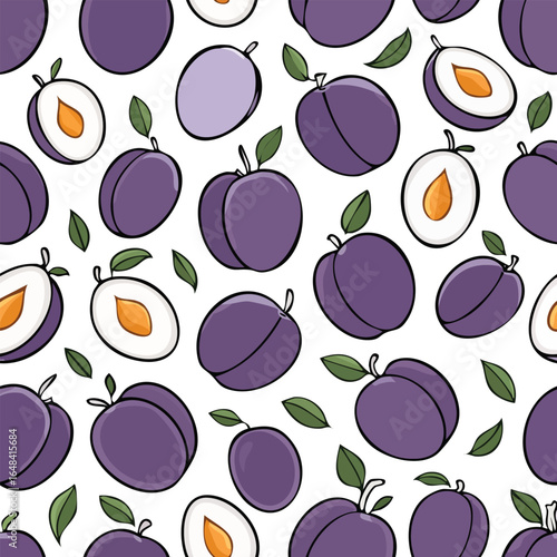 Seamless pattern featuring a detailed illustration of ripe, juicy plums with green leaves on a white background.