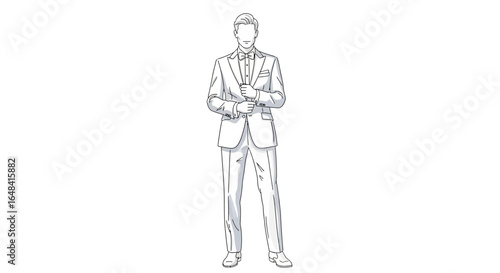 Vector illustration showcasing a refined man in tuxedo, hand-drawn elegance
