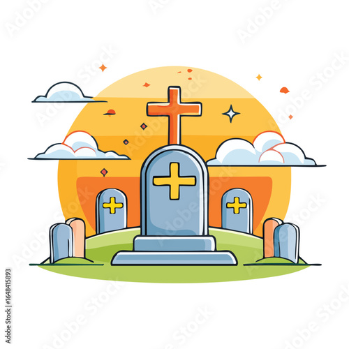 Illustration of a graveyard scene with tombstones, crosses, and a sunset background.